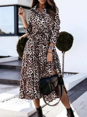 regular leopard print Leopard Print Button-down Midi Dress With Belt