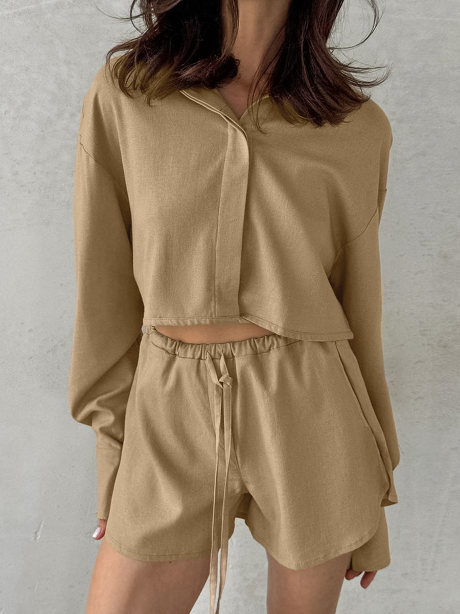 Brown cotton cropped long sleeve button-up top and drawstring shorts set
