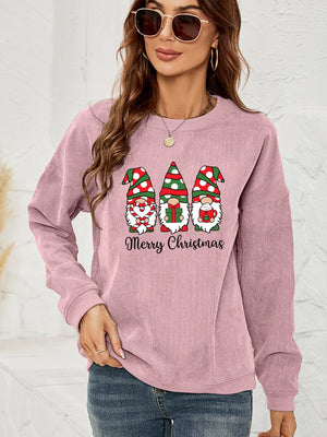 Dusty Pink corduroy sweatshirt with Christmas gnomes and Merry Christmas graphic.