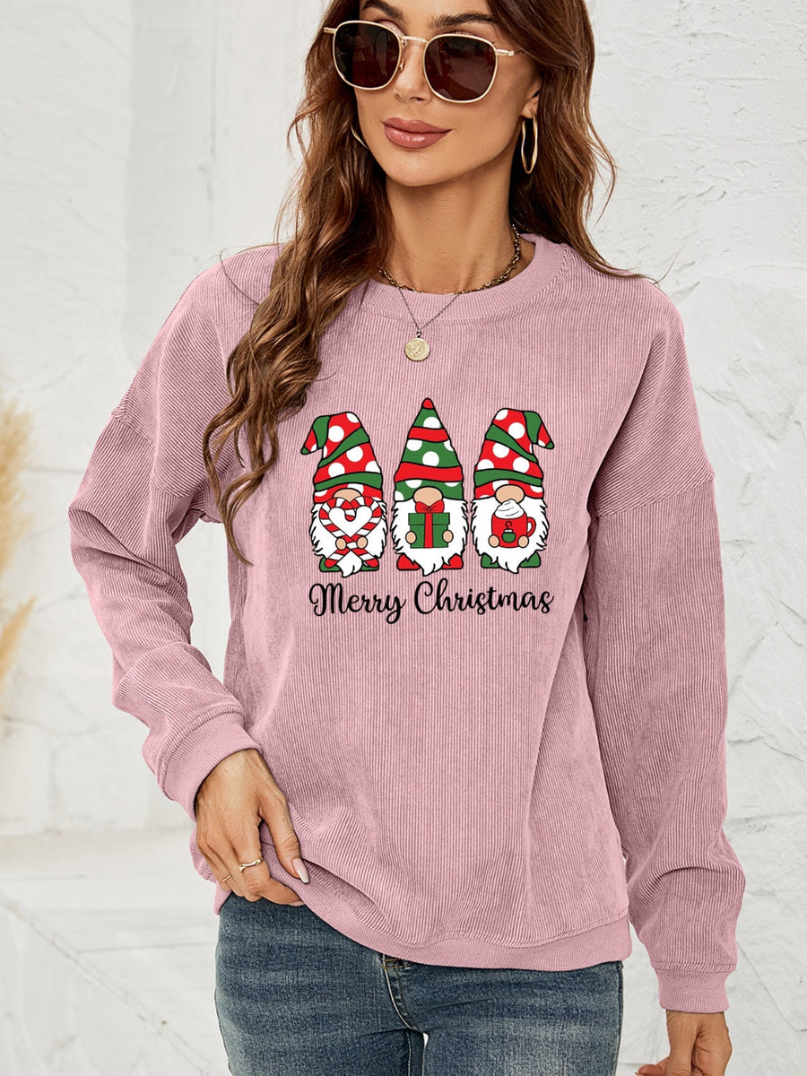 Dusty Pink corduroy sweatshirt with Christmas gnomes and Merry Christmas graphic.