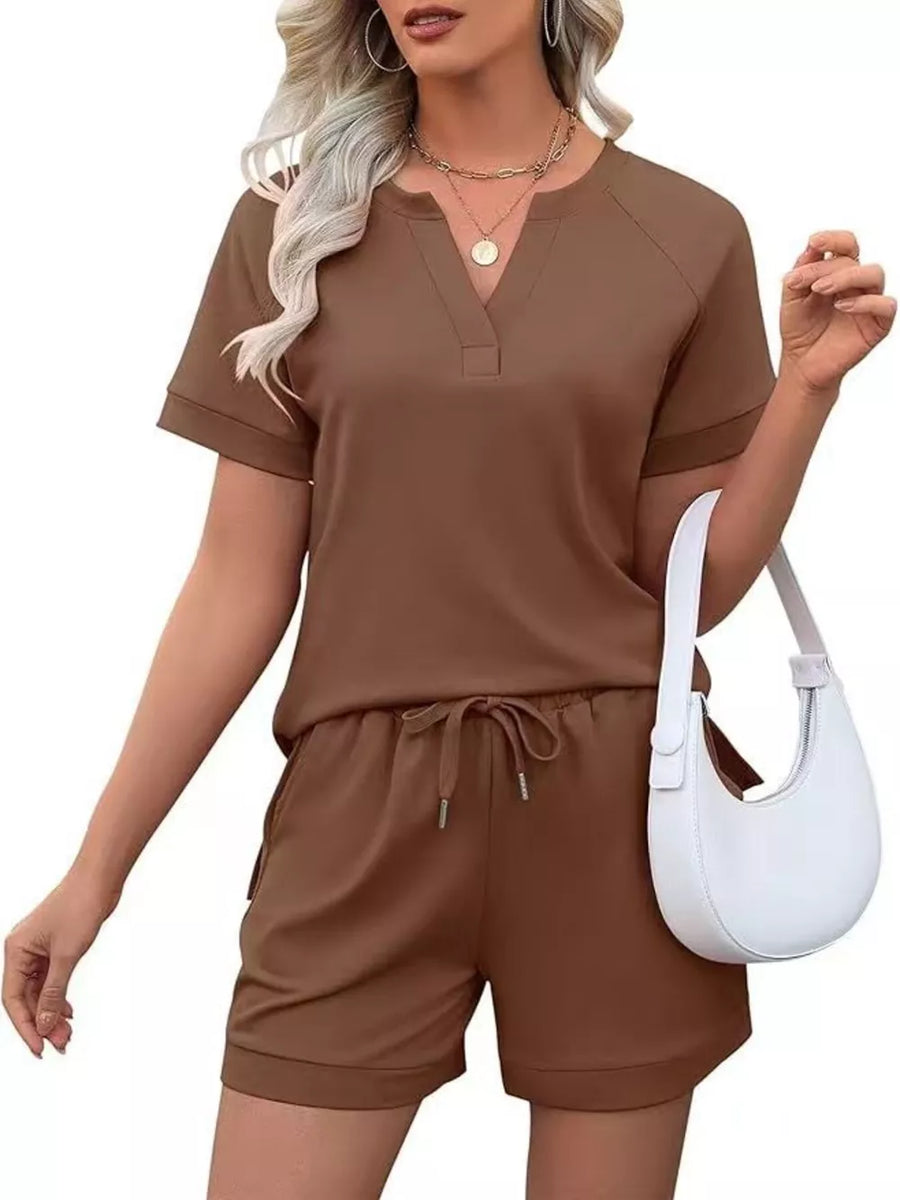 Brown two-piece set with V-neck top and drawstring shorts with pockets.