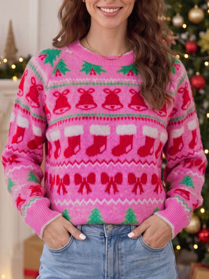 bright pink pullover sweater with graphic and round neck