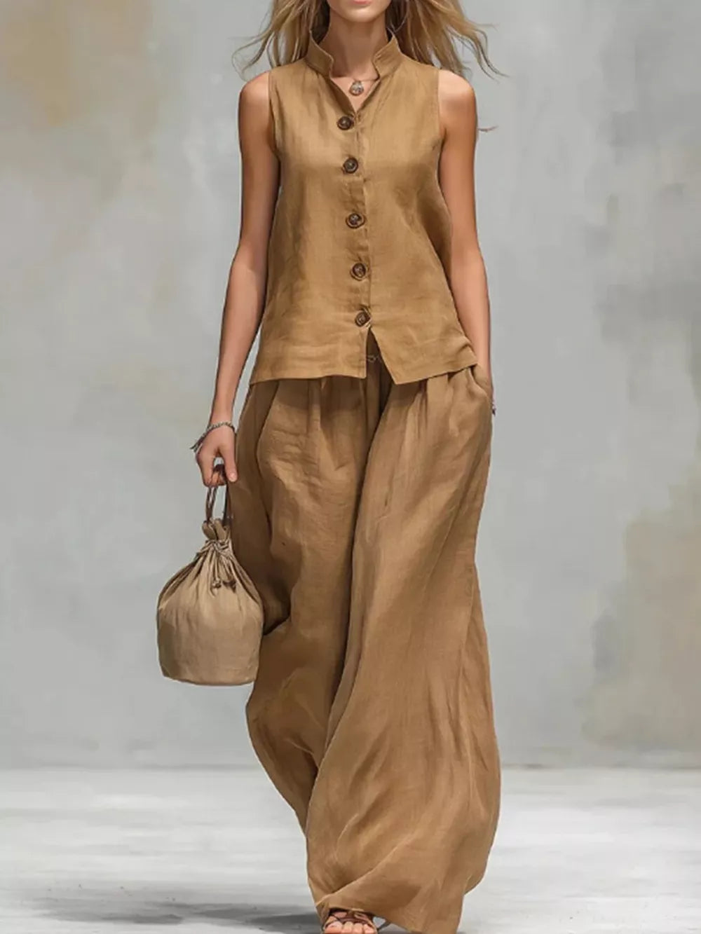 two-piece set in camel featuring buttoned and relaxed fit