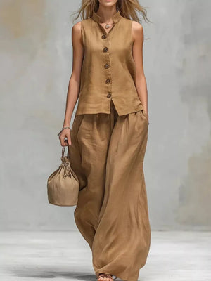 two-piece set in camel featuring buttoned and relaxed fit