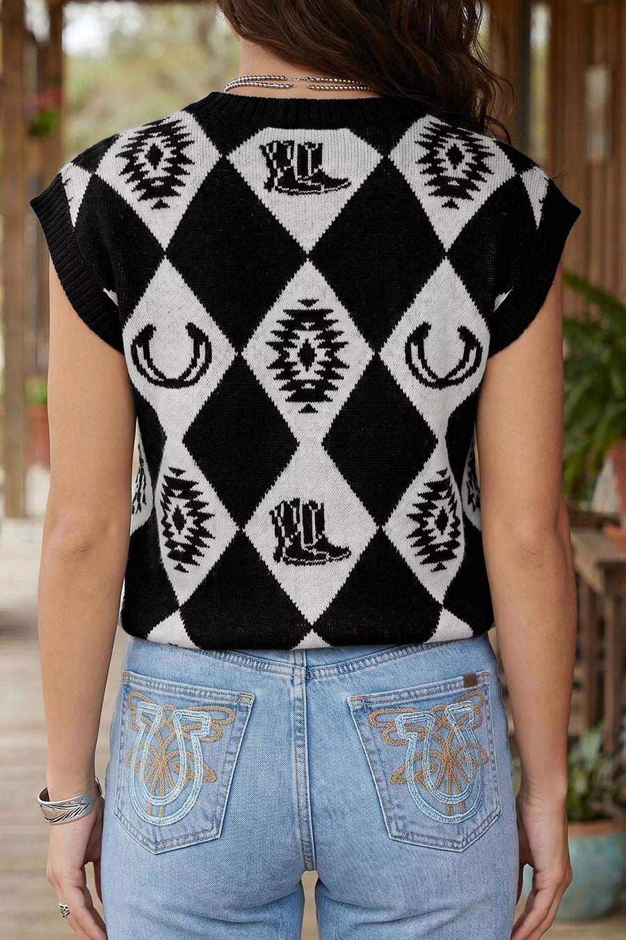 Retro Rhombus Western Print Drop Shoulder Sweater in this colorway