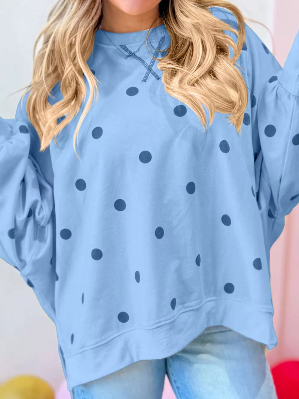 Side Slit Polka Dot Oversized Sweatshirt in Tan with side slit