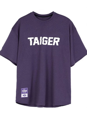 Mesh oversized tee in mauve with white "TAIGER" graphic and woven label.