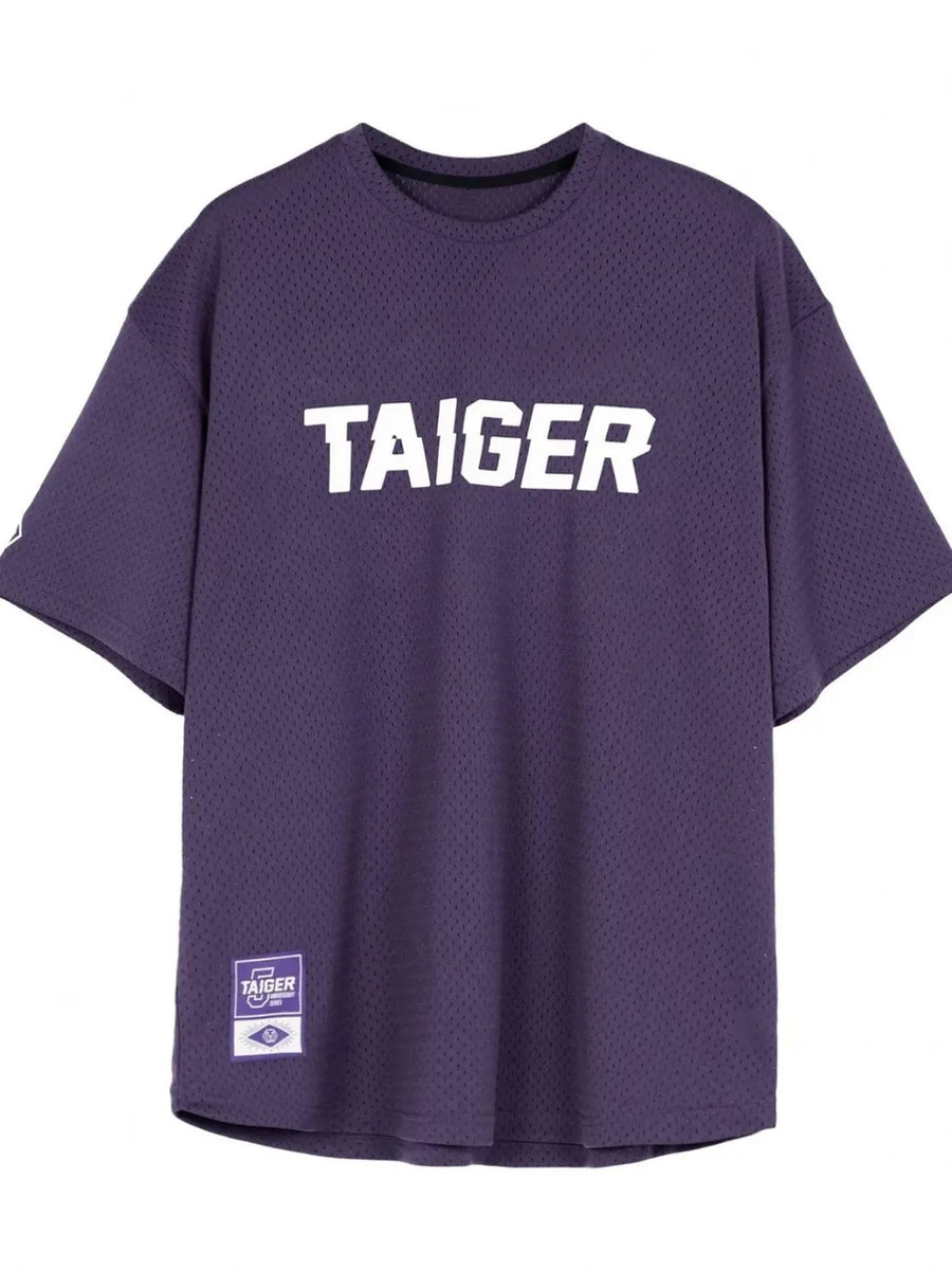 Mesh oversized tee in mauve with white "TAIGER" graphic and woven label.