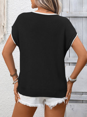Black ribbed knit short-sleeve top with white trim, crew neck, and relaxed fit.