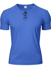 Blue cotton t-shirt for men with lace-up V-neck and short sleeves.