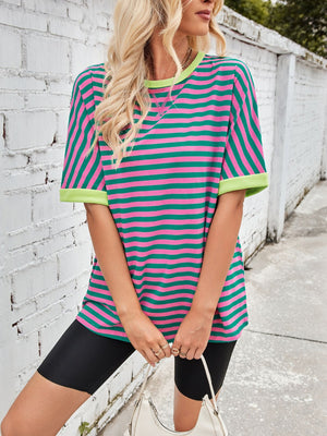 Striped Breton tee with pink and green stripes and lime green trim.