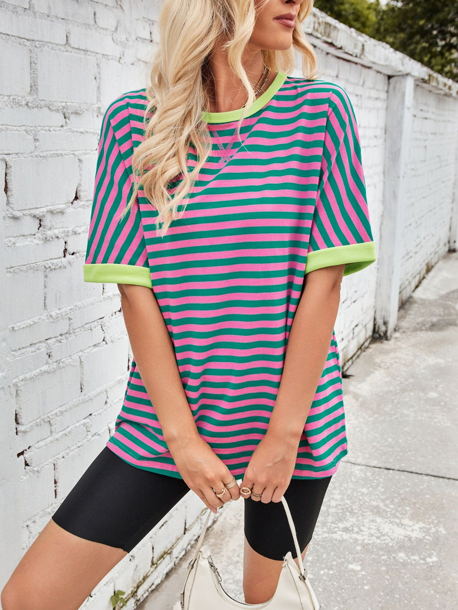 Striped Breton tee with pink and green stripes and lime green trim.