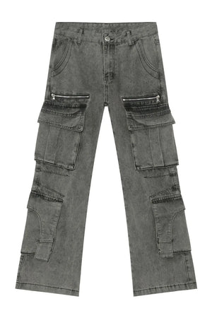 Acid wash flared cargo jeans in medium with multiple zippered and pleated pockets.