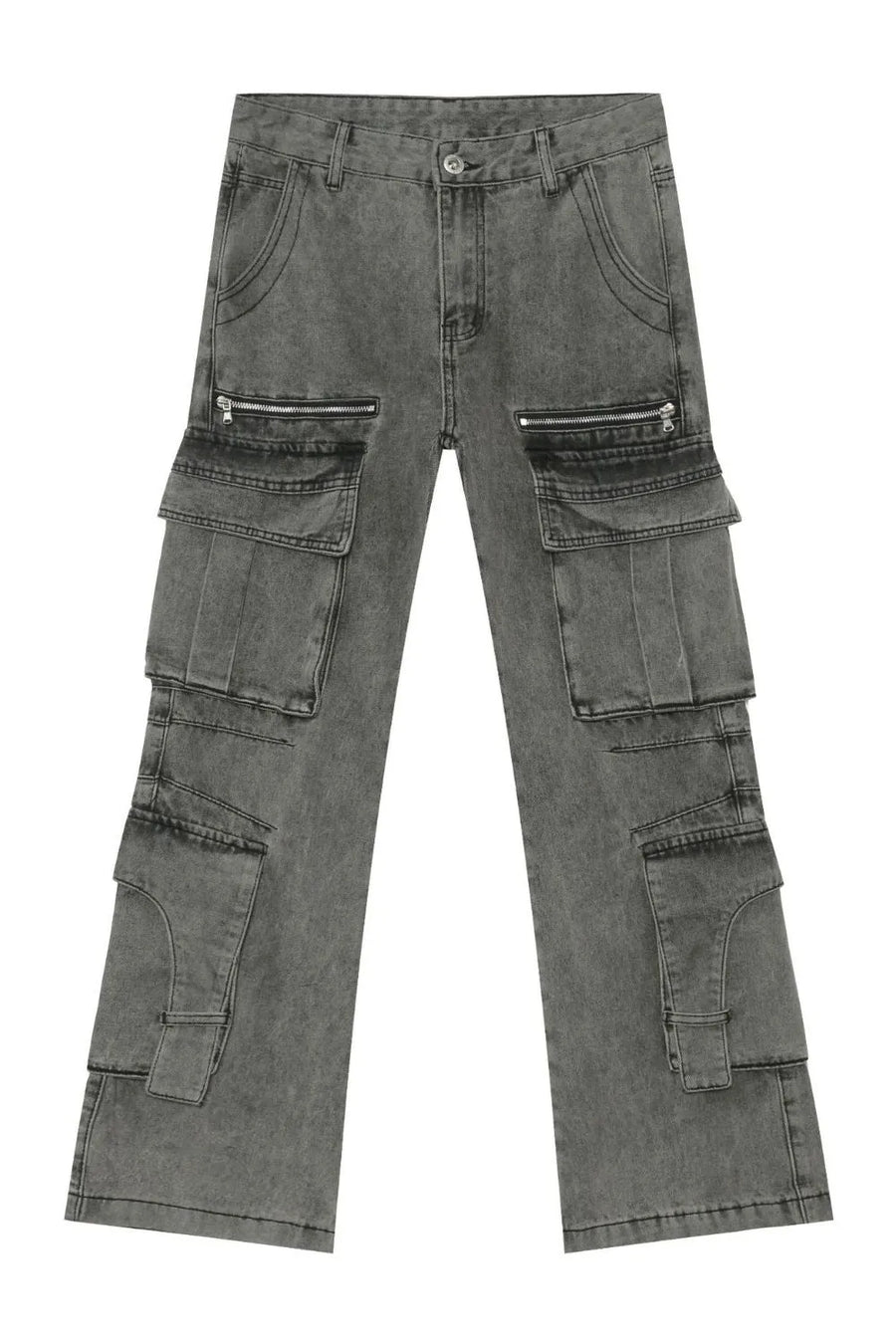 Acid wash flared cargo jeans in medium with multiple zippered and pleated pockets.
