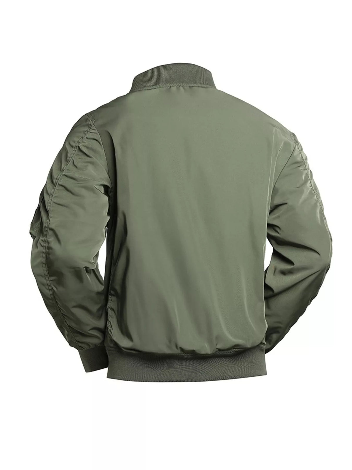 Men's moss green bomber jacket with zip-up front and ribbed collar.