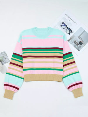 Multicolor striped ribbed boxy fit cropped sweater with crew neck and balloon sleeves.