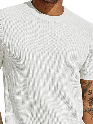 White textured knit crewneck t-shirt with short sleeves.