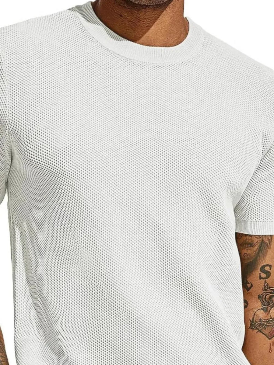 White textured knit crewneck t-shirt with short sleeves.