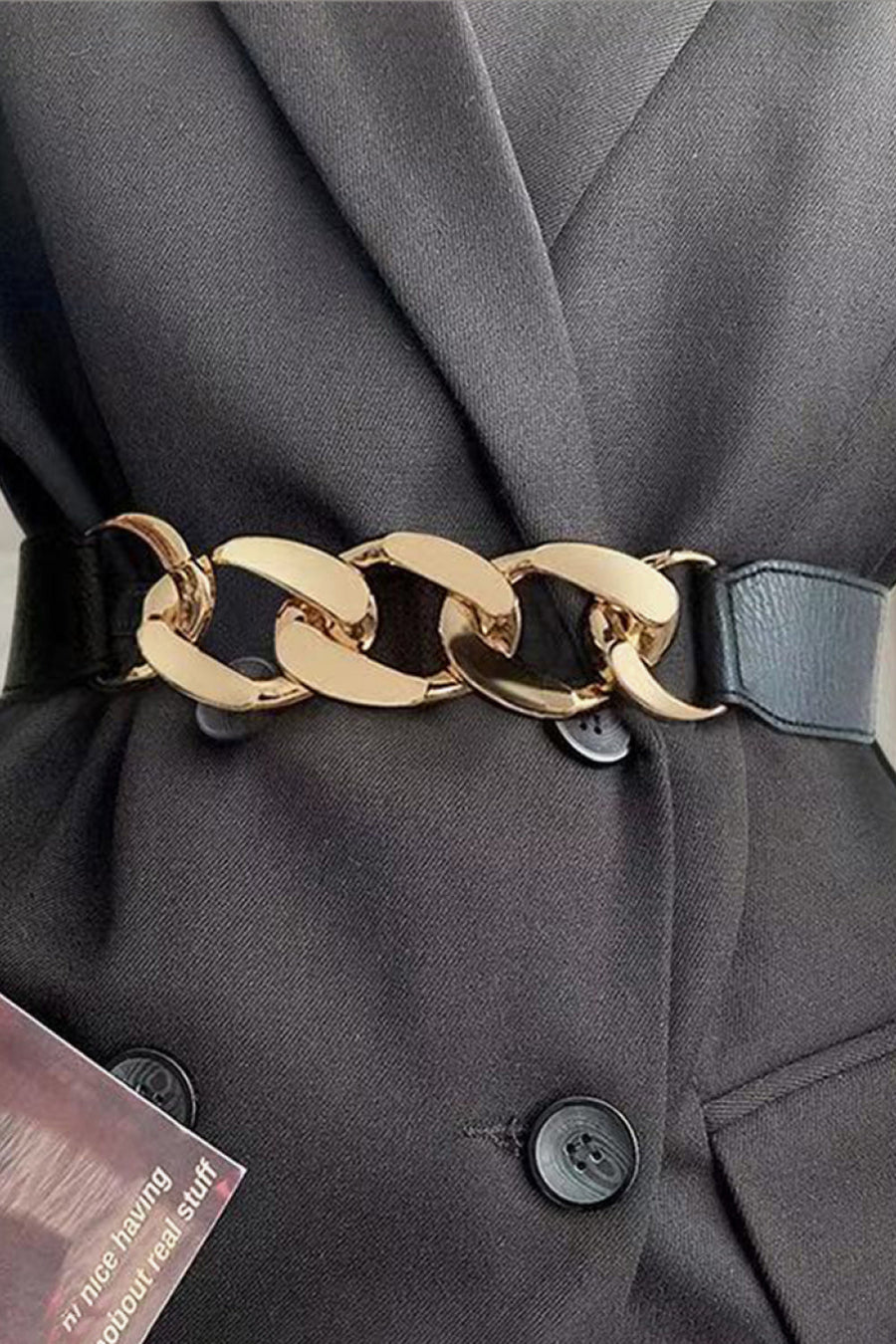 Chunky gold chain elastic waist belt with black faux leather band