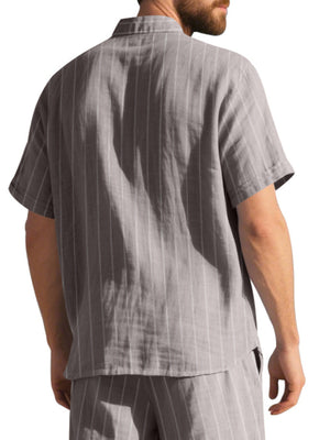 Men's grey striped cotton camp collar shirt, short sleeve, button-down.