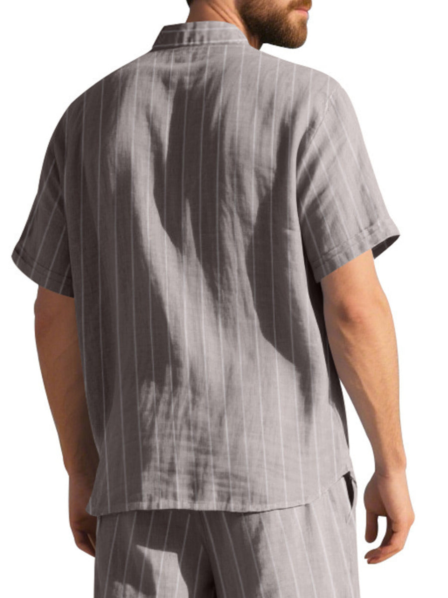 Men's grey striped cotton camp collar shirt, short sleeve, button-down.