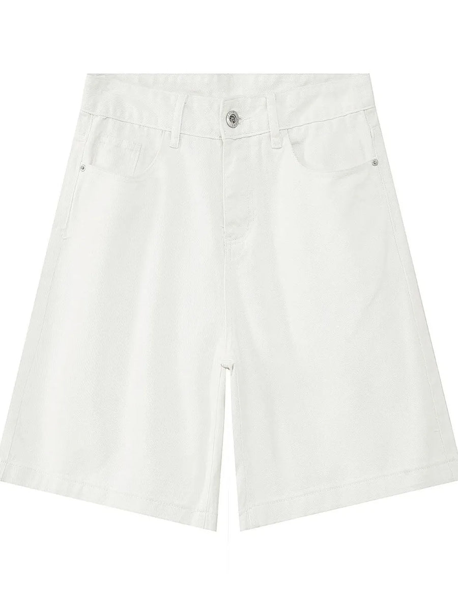White baggy denim bermuda shorts with button fly and washed effect.
