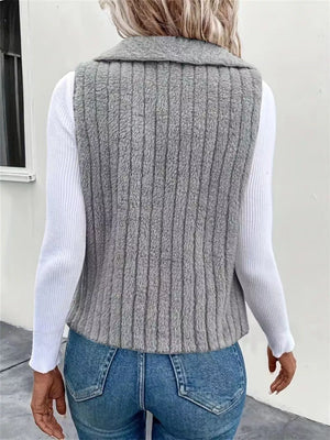 Gray ribbed fleece vest with a collar, open front, and collar detail.