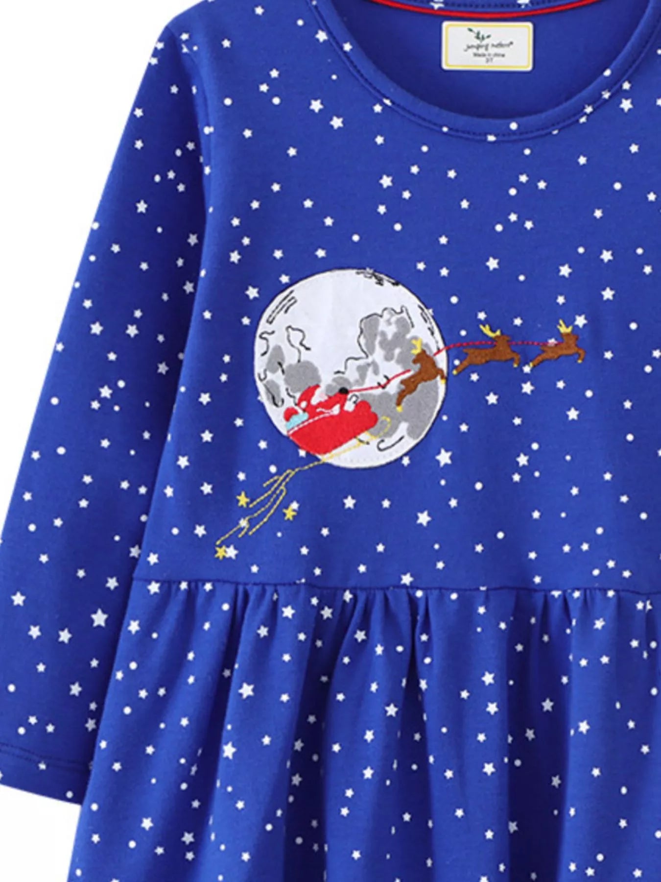 Children's royal blue long-sleeve dress with scattered stars and a Santa sleigh on the moon graphic.