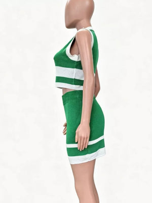 Green and white striped knit two-piece set with contrast trim.