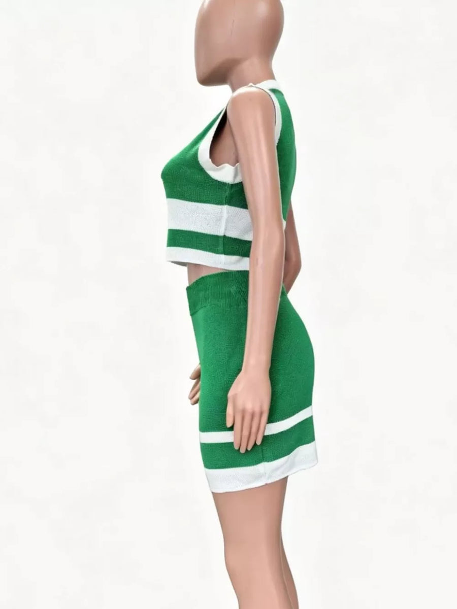 Green and white striped knit two-piece set with contrast trim.