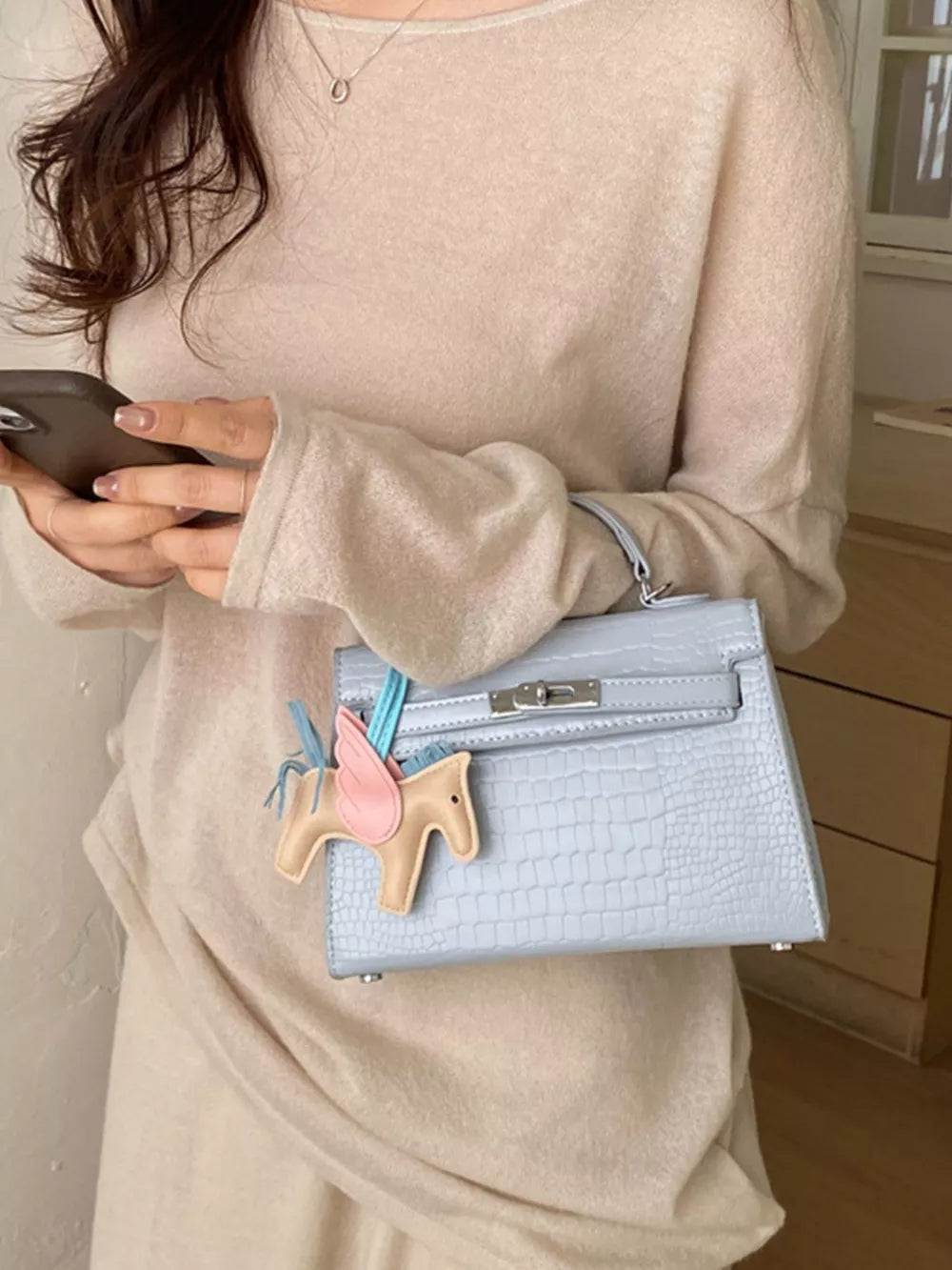 Blue with Crocodile Embossed Mini Crossbody Bag in Blue