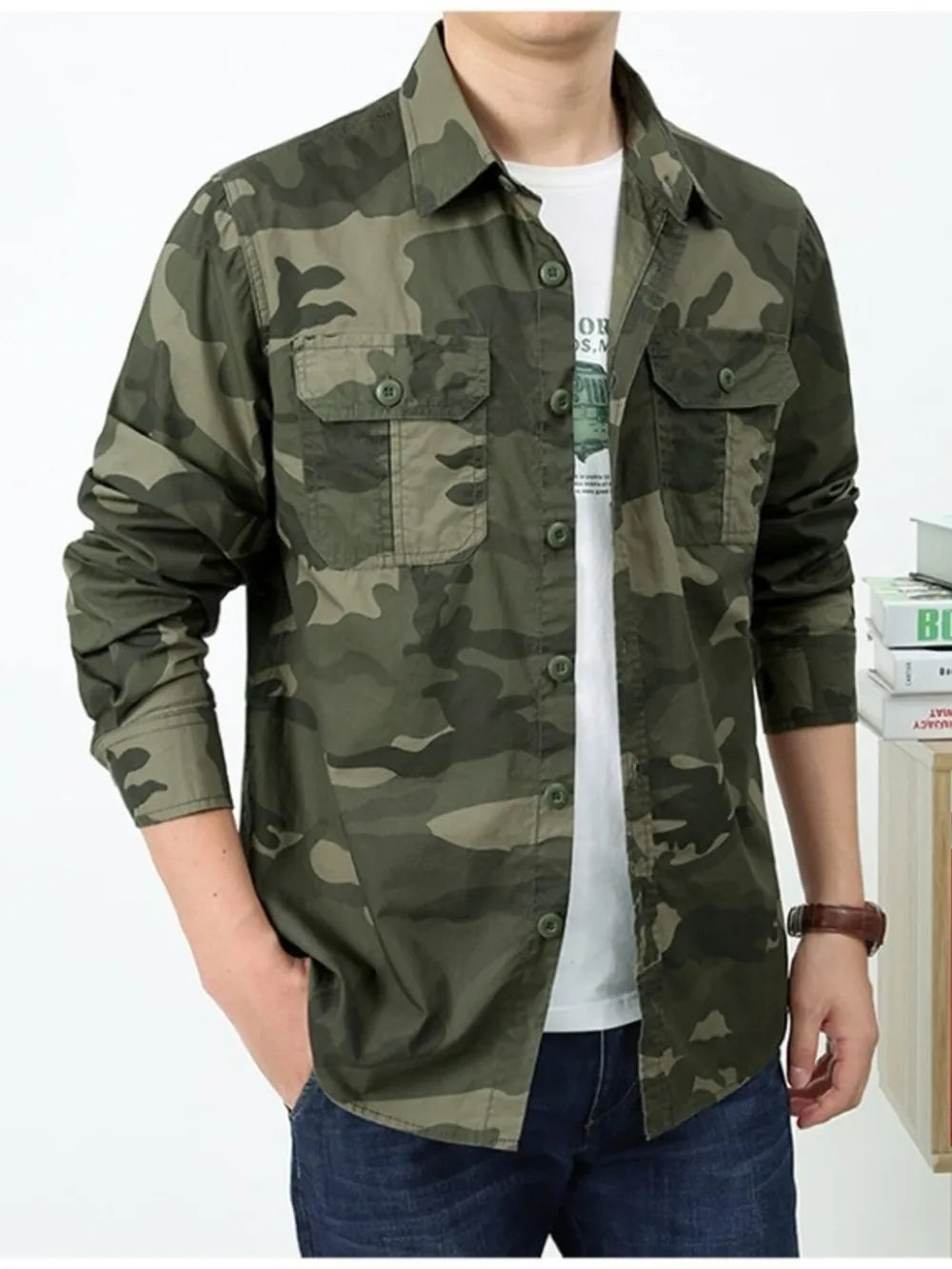 Men's Plus Size Camouflage Print Long Sleeve Shirt in Khakis