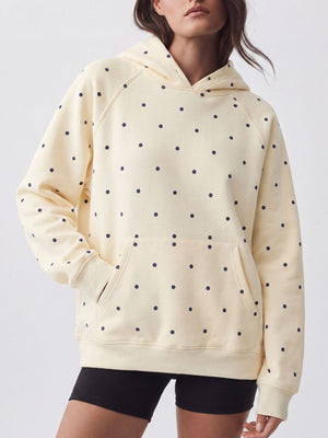 pullover hoodie in navy blue with polka dot and pocketed