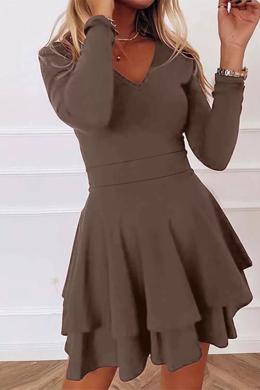 Layered Long Sleeve V-neck Mini Dress in Coffee Brown