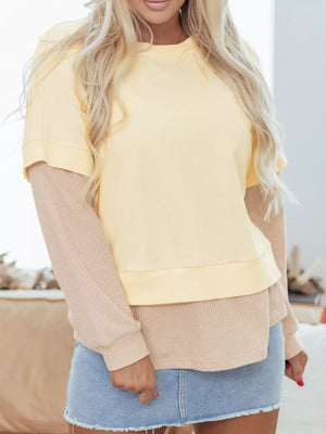 1 Faux Two Piece Patchwork Sweatshirt in Beige, 2 In 1 Faux Two Piece Patchwork Sweatshirt in 1 Faux Two Piece Patchwork
