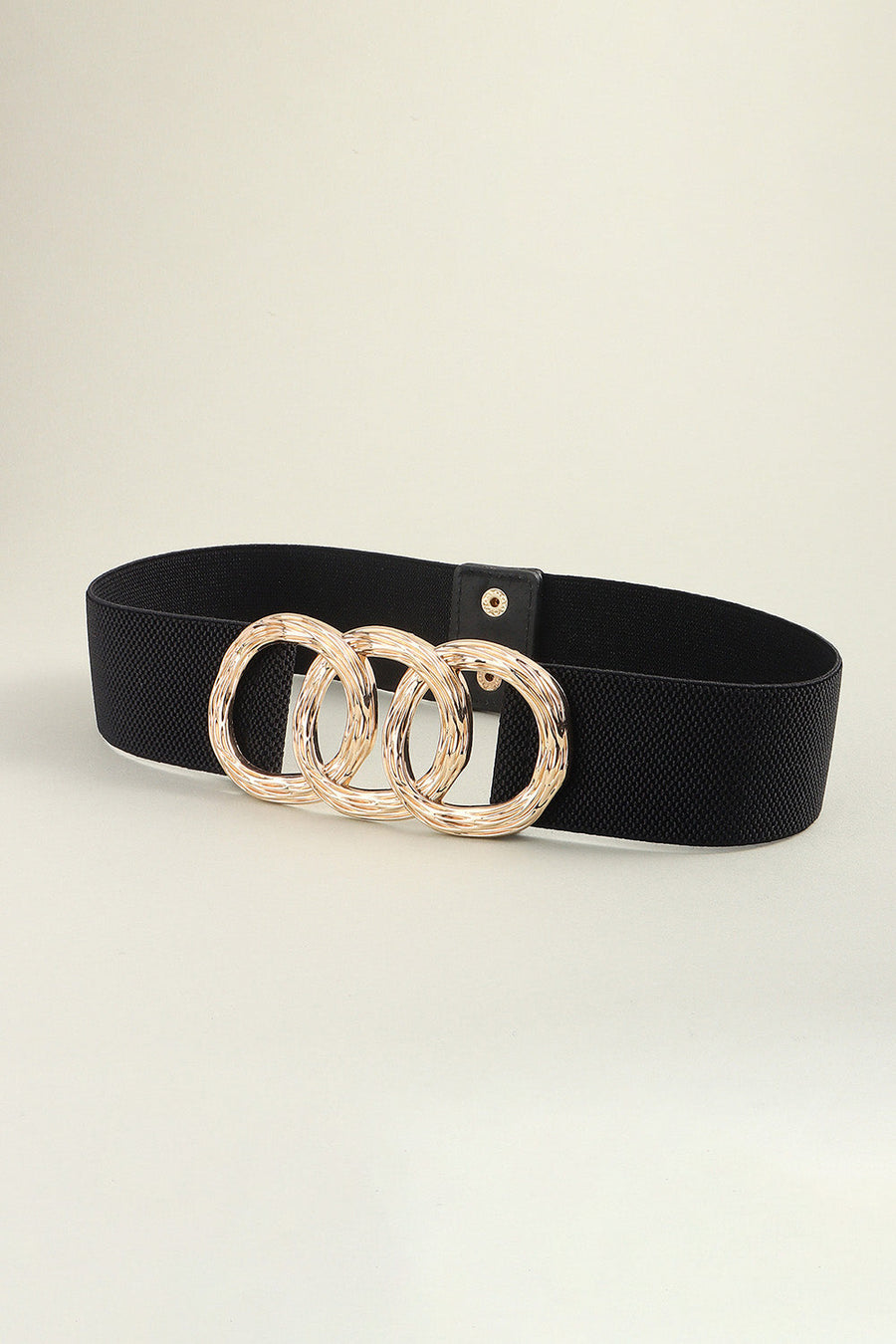Black elastic belt with triple gold textured ring detail