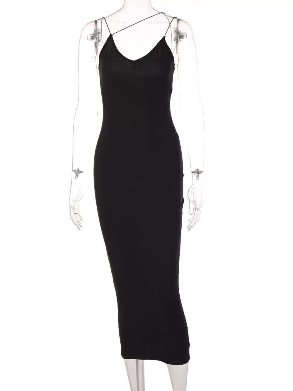 Black midi dress with spaghetti straps and deep V-neck.