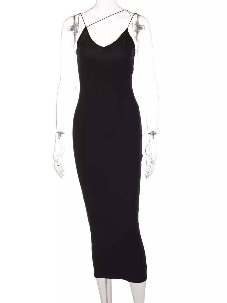Black midi dress with spaghetti straps and deep V-neck.