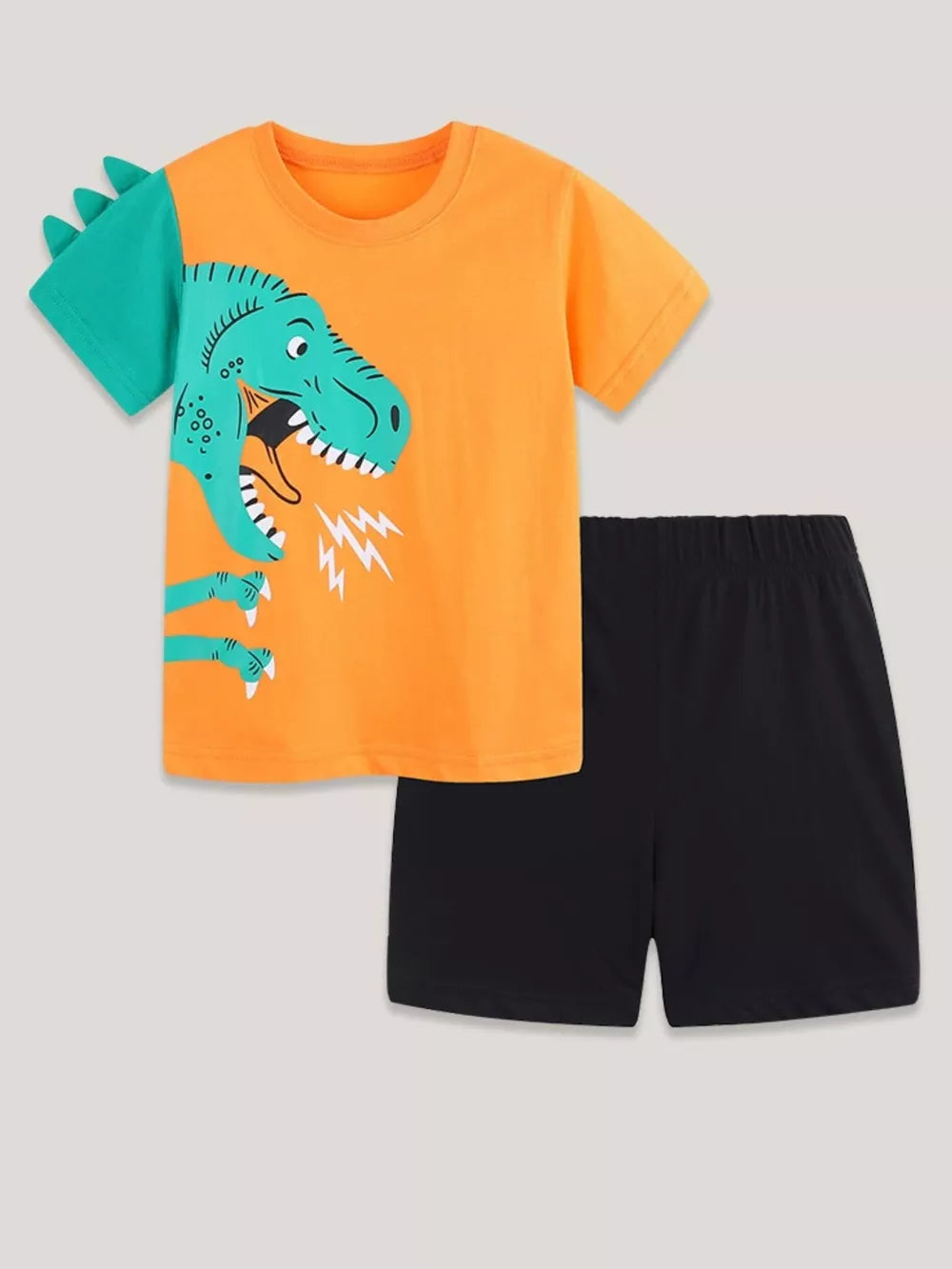 Orange dinosaur tee with green sleeves and black shorts for boys.