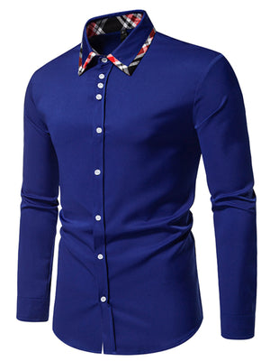 Men's blue slim fit cotton shirt with plaid collar trim and white buttons.