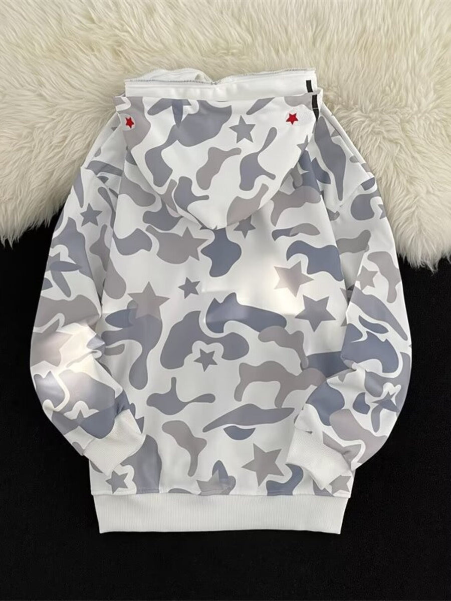 White camouflage hoodie with stars and long sleeves
