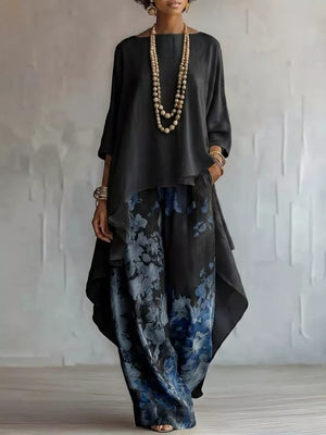 Pink Asymmetrical Hem Top And Floral Pants Set