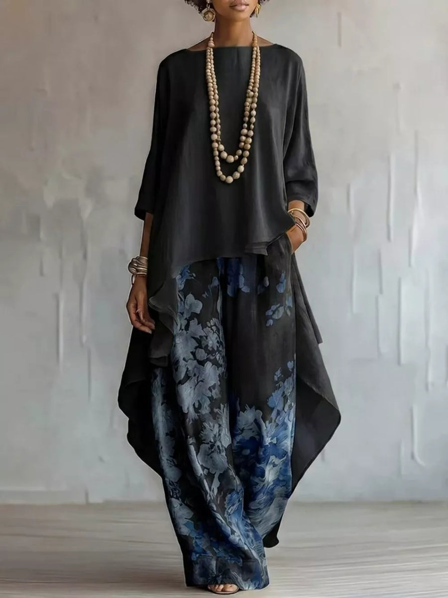 Pink Asymmetrical Hem Top And Floral Pants Set