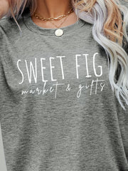Heather Gray t-shirt with white Sweet Fig Market & Gifts graphic, crew neck.