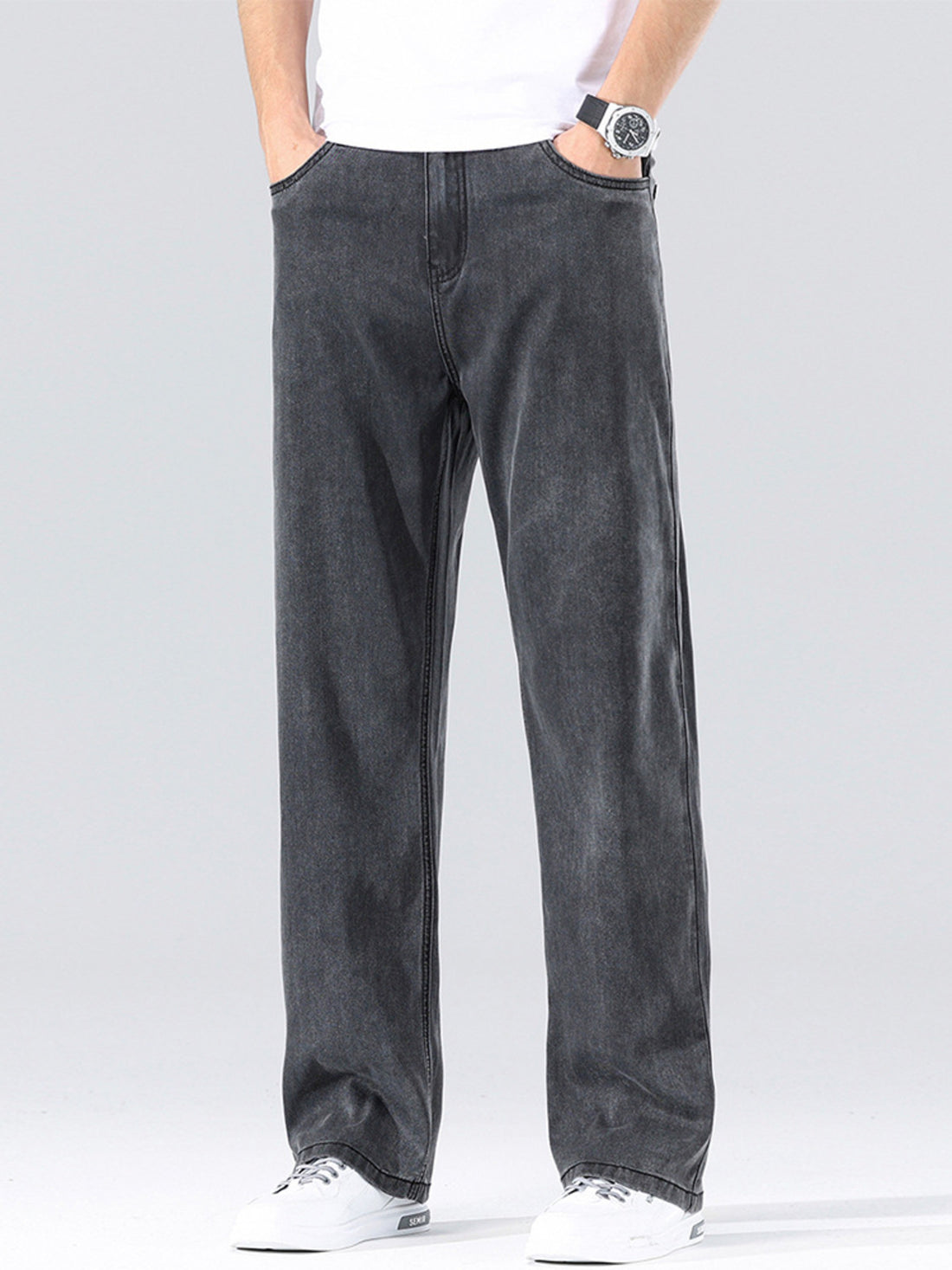 Dark Gray Men's Loose Fit Washed Jeans