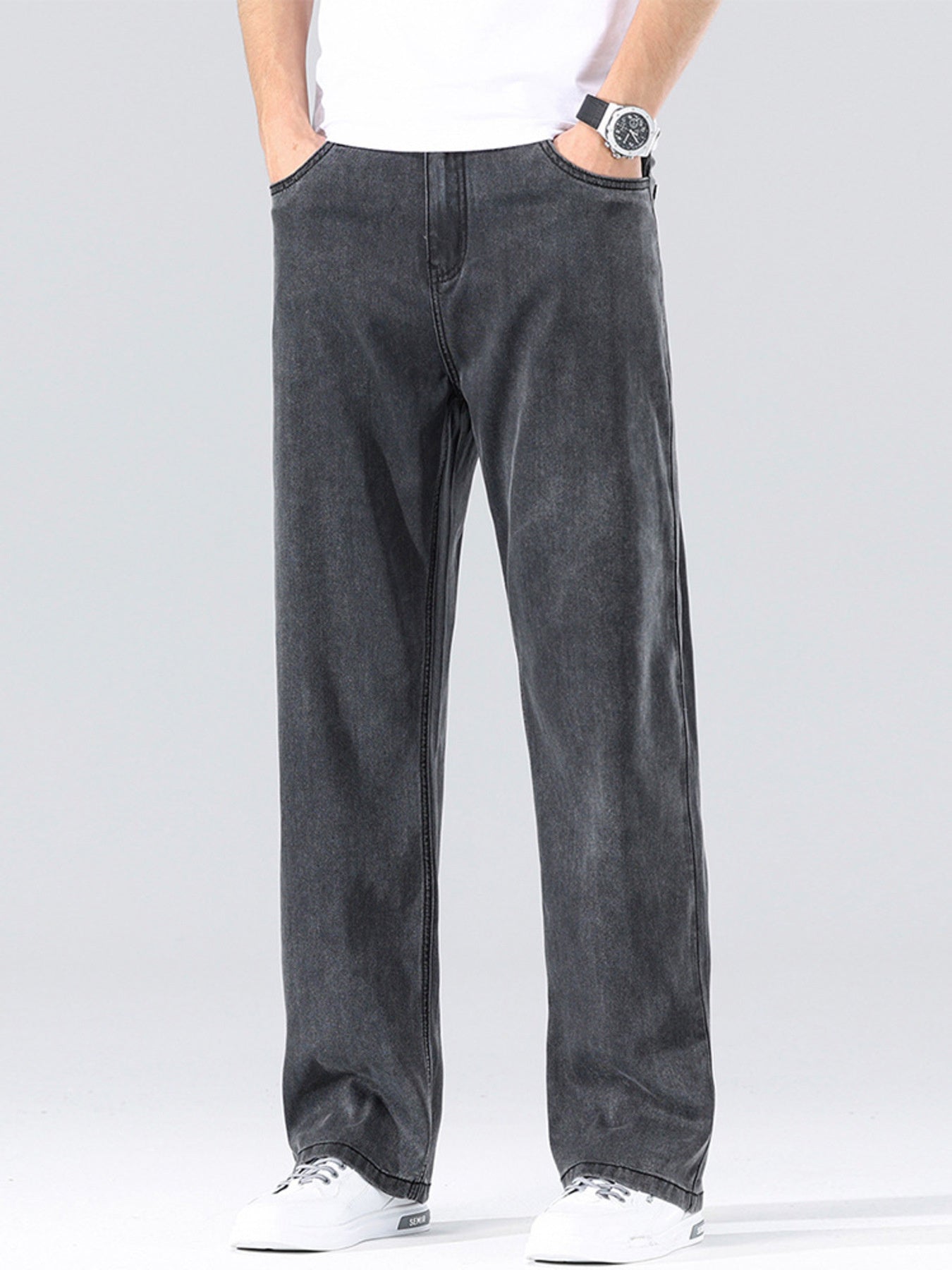 Dark Gray Men's Loose Fit Washed Jeans
