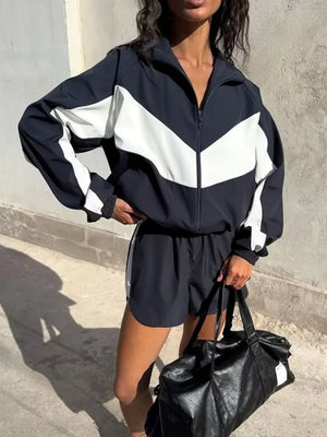 Color Block Zip Up Outerwear And Shorts Set in Apricot