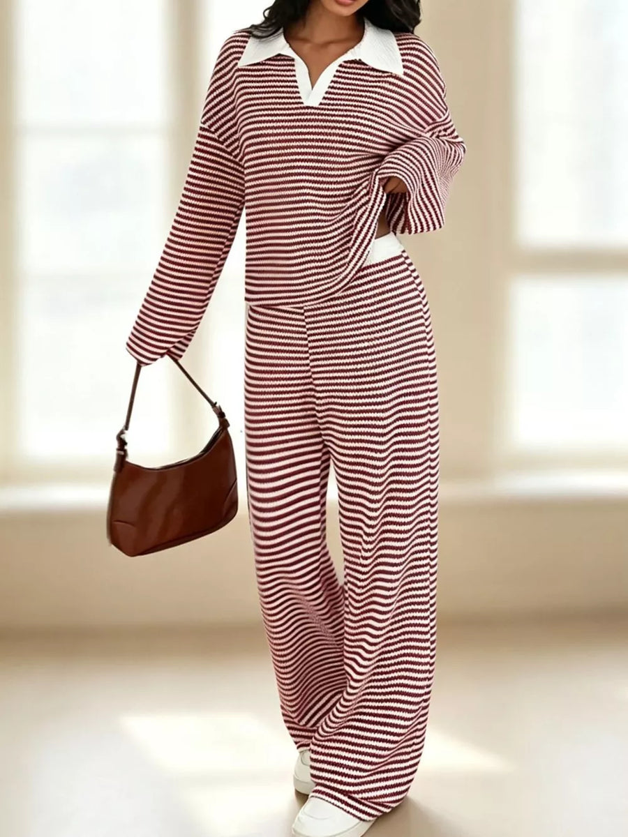 Brown Striped Long Sleeve Polo And Wide-leg Pants Set