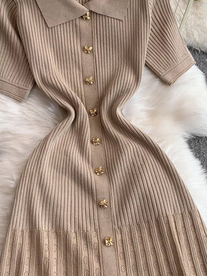 Camel ribbed knit midi dress with collar and gold button detail