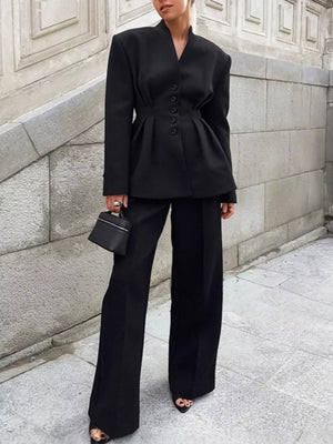 Black with Button Down Pleated Blazer And Wide-leg Pants Set